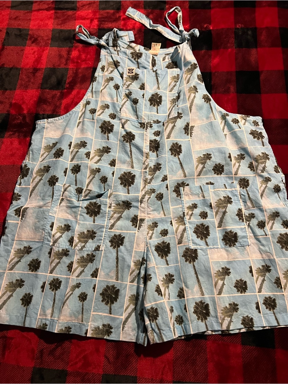 Lucy & Yak Light Blue Palm-Print Short Overalls Romper